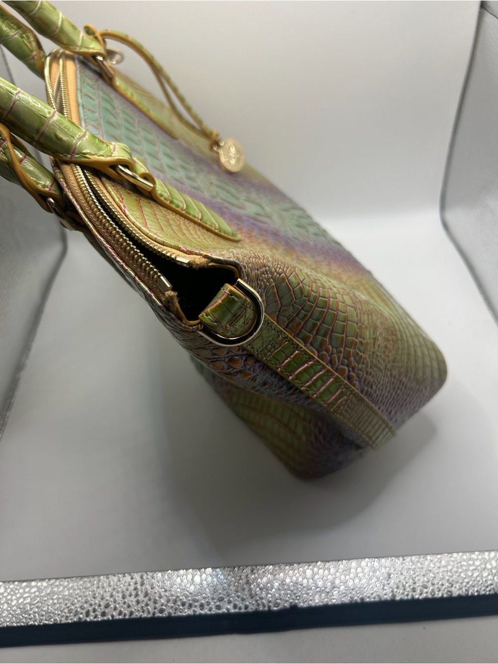 Brahmin Iridescent Green-Purple Croc Embossed Duxbury Satchel - Picture 14 of 14